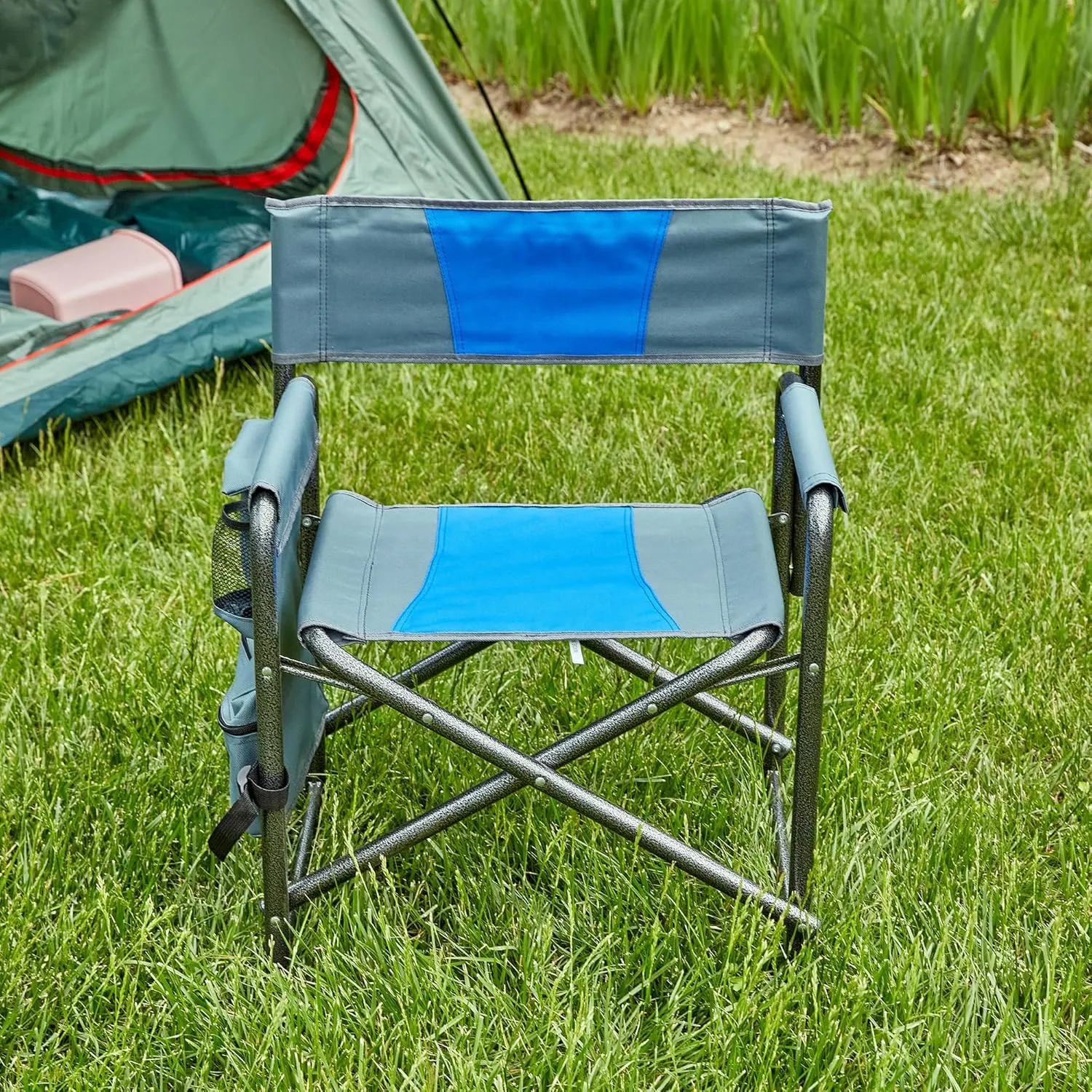 1-Piece Padded Folding Outdoor Chair with Storage Pockets, Compact Oversized Directors Chair for Picnics, Camping & Fishing, Blue/Grey