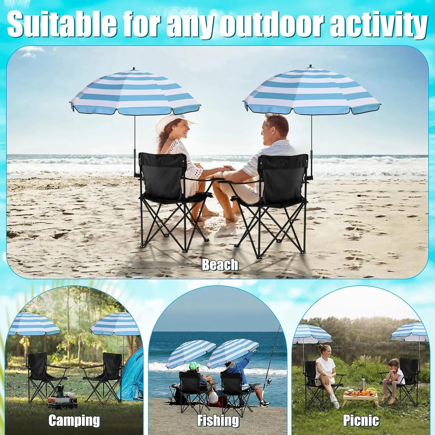 1 Set Beach Chair with Umbrella Foldable Camping Chair Fold up Umbrella with Universal Clamp Large Portable for Outdoors Fishing Camping Hiking Travel Picnic Beach