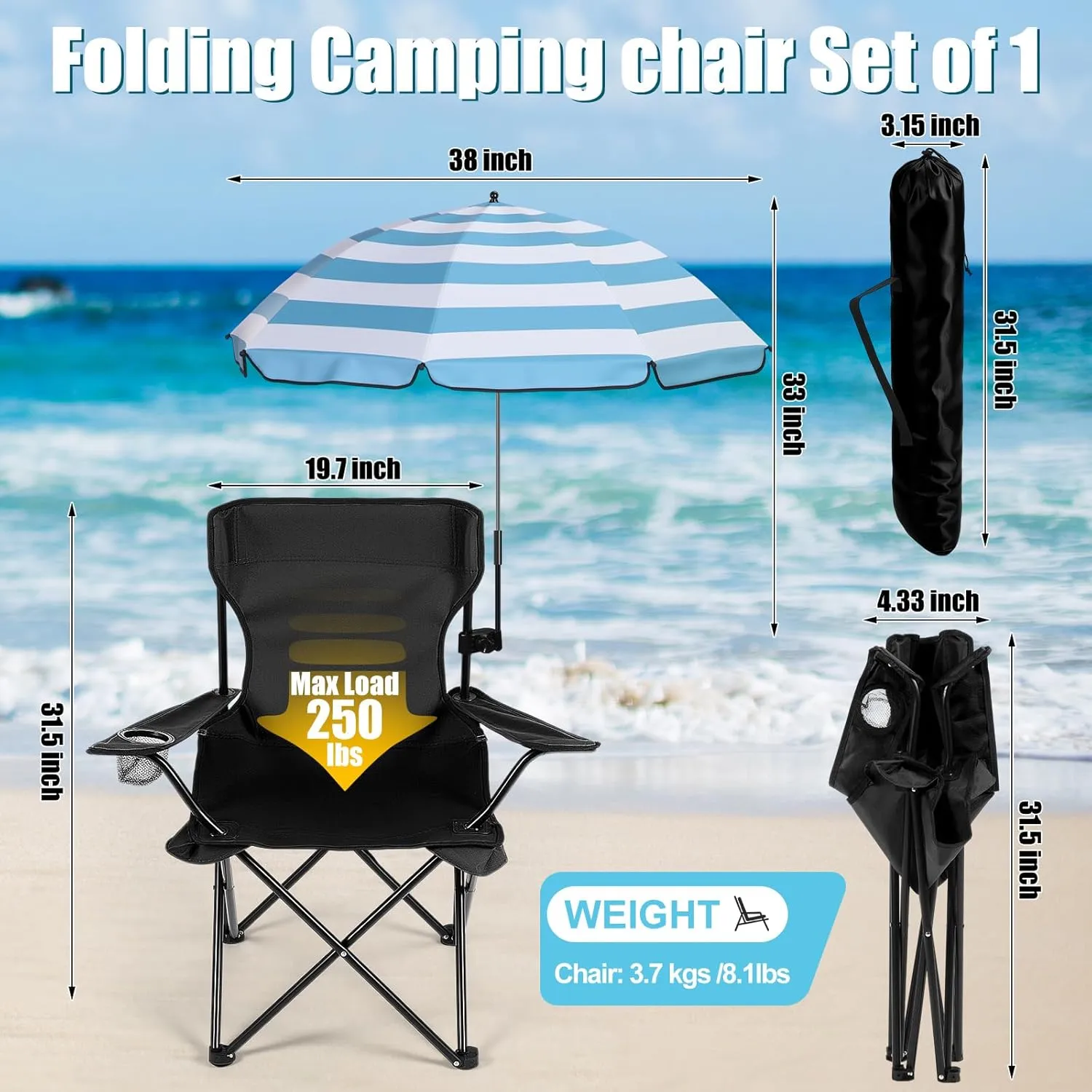 1 Set Beach Chair with Umbrella Foldable Camping Chair Fold up Umbrella with Universal Clamp Large Portable for Outdoors Fishing Camping Hiking Travel Picnic Beach