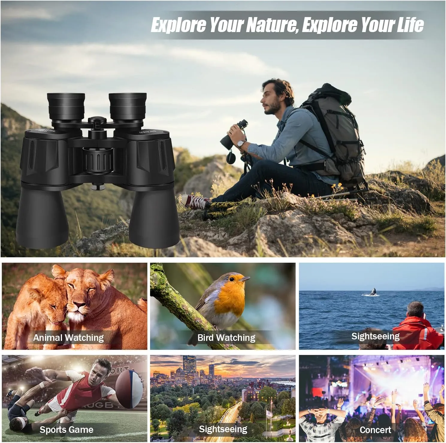 10 x 50 Binoculars for Adults, Powerful Binoculars for Bird Watching, Multi-Coated Optics Durable Full-Size Clear Binocular for Travel Sightseeing Outdoor Sports Games and Concerts