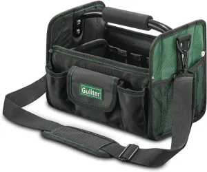 11 Inch Small Tool Bag, Open Top Tool Tote with Stainless Steel Handle and Adjustable Shoulder Strap,21 Pockets Electrician Tool Bags,Black/Green