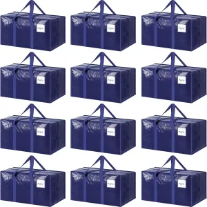 12 Pack Extra Heavy Duty Large Moving Bags with Strong Zipper & Comfortable Handles, Sturdy & Durable Clothes Storage Bags Totes Bins, Packing Moving Boxes for College Supplies, Dark Blue
