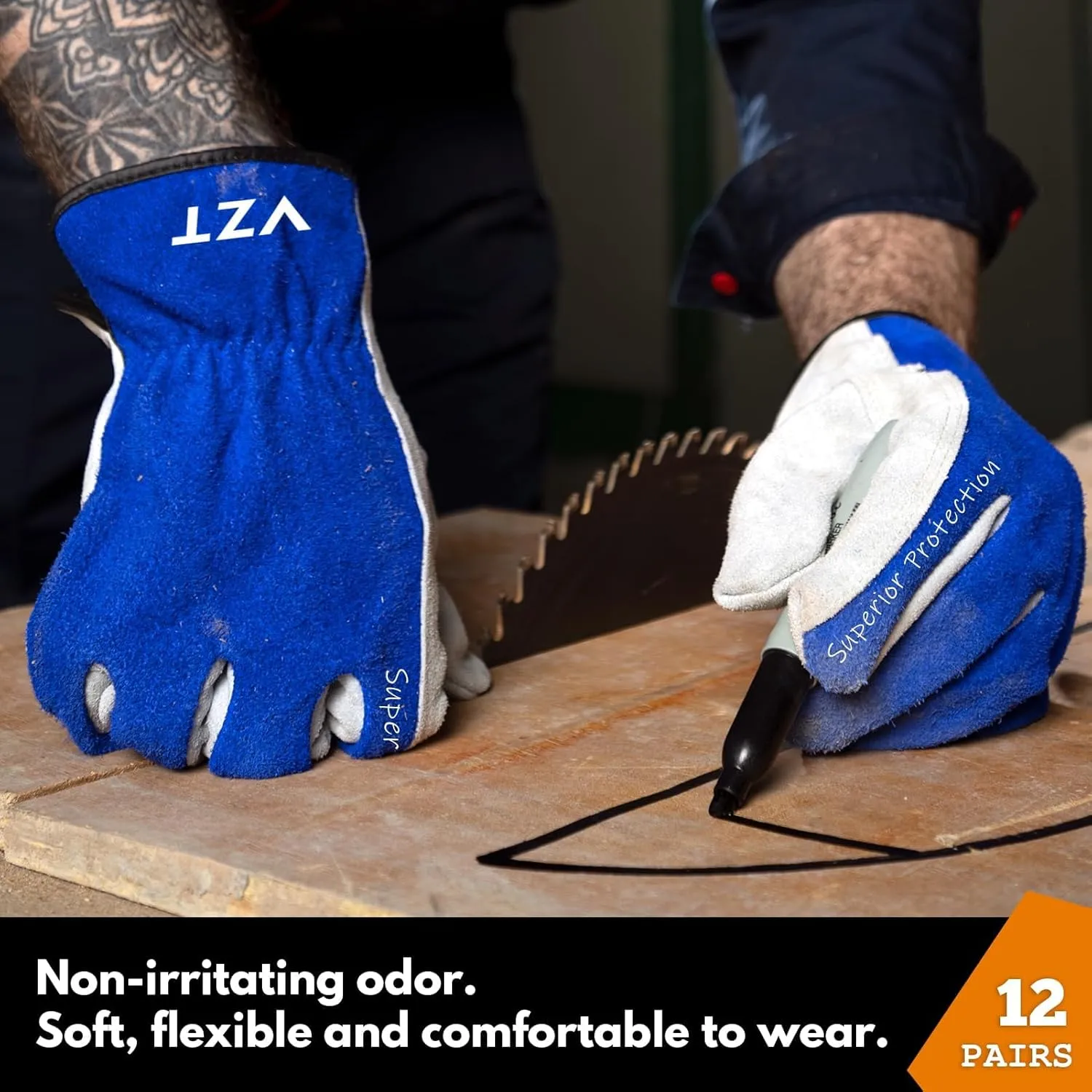 12 Pairs Bulk Leather Work Gloves for Men or Women for Construction, Wood cutting, Driving, Gardening, Automotive Repair