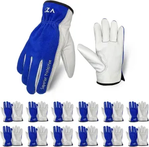 12 Pairs Bulk Leather Work Gloves for Men or Women for Construction, Wood cutting, Driving, Gardening, Automotive Repair