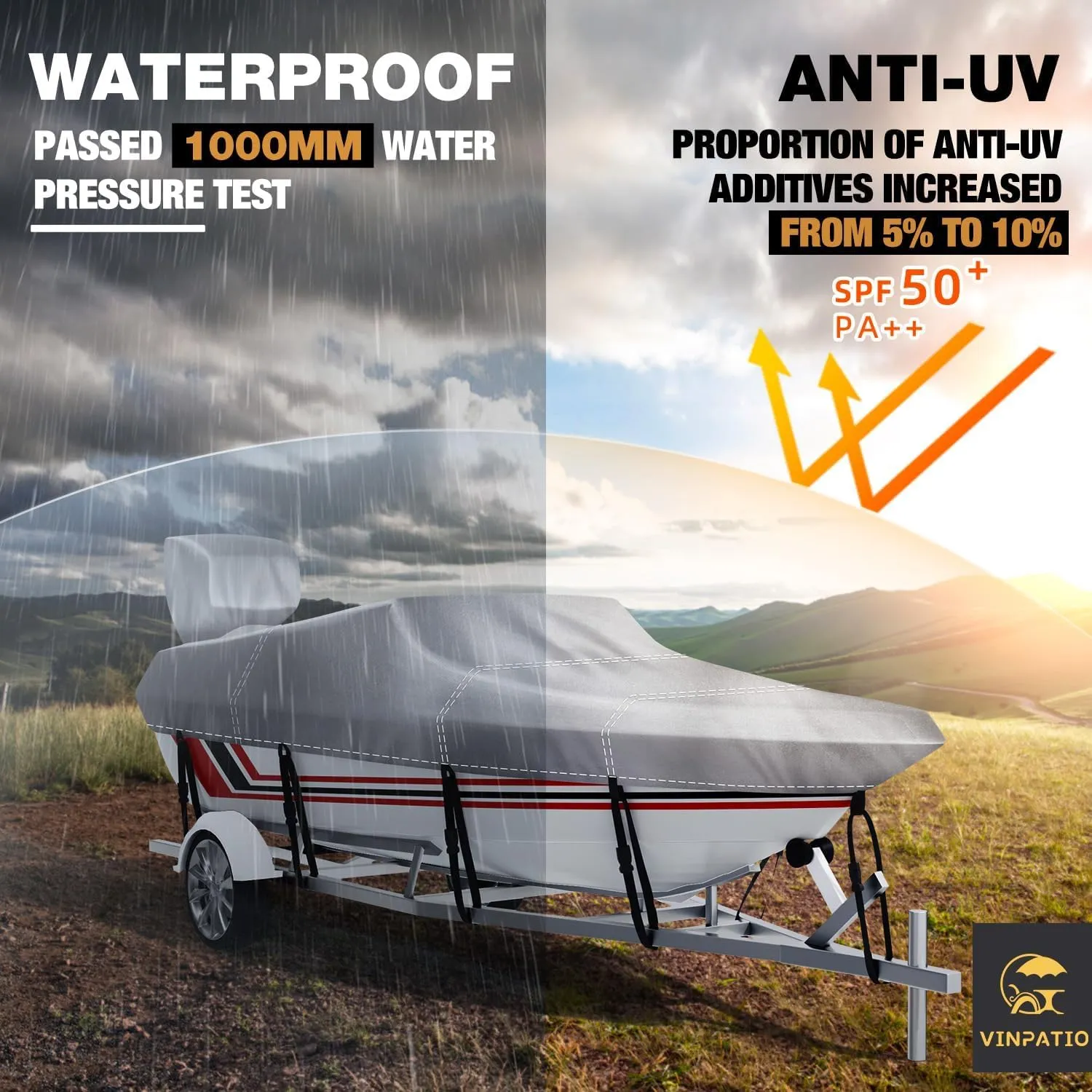 14-16 ft V-Hull Boat Cover with Motor Cover, Waterproof Heavy-Duty Silver-Coated Oxford Fabric Marine Grade Trailerable Bass Boat Cover for Fishing Boat, Beam Width up to 90"