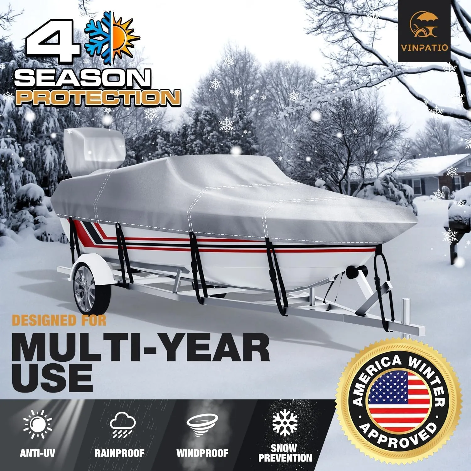 14-16 ft V-Hull Boat Cover with Motor Cover, Waterproof Heavy-Duty Silver-Coated Oxford Fabric Marine Grade Trailerable Bass Boat Cover for Fishing Boat, Beam Width up to 90"