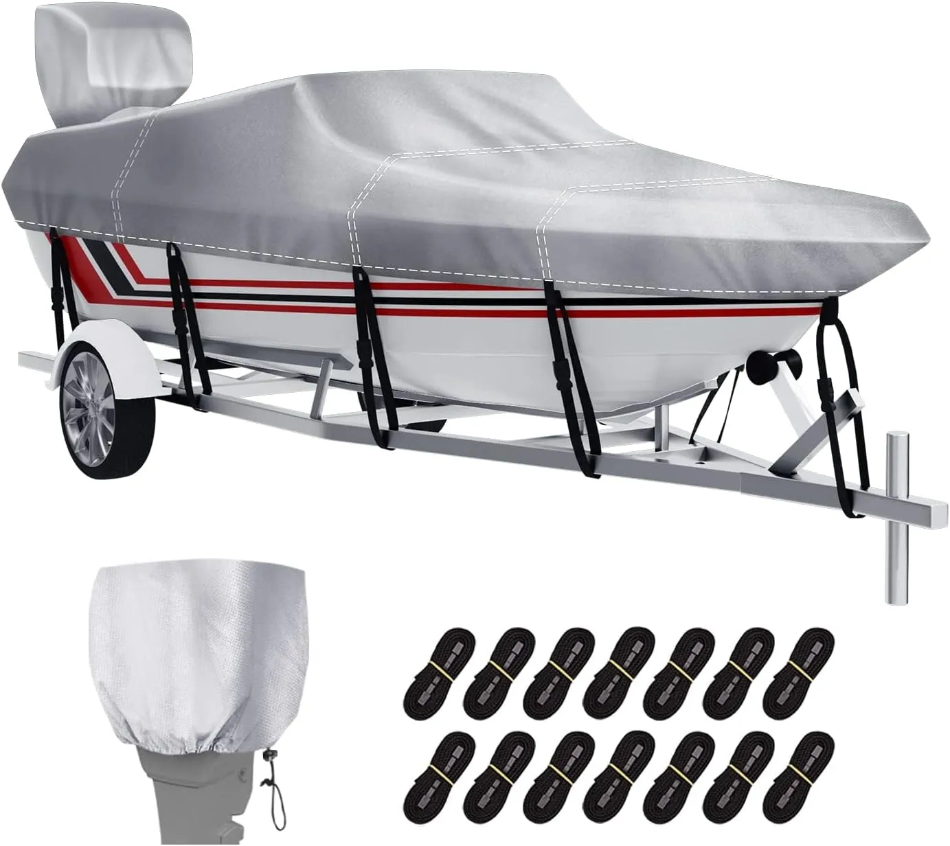 14-16 ft V-Hull Boat Cover with Motor Cover, Waterproof Heavy-Duty Silver-Coated Oxford Fabric Marine Grade Trailerable Bass Boat Cover for Fishing Boat, Beam Width up to 90"