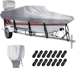 14-16 ft V-Hull Boat Cover with Motor Cover, Waterproof Heavy-Duty Silver-Coated Oxford Fabric Marine Grade Trailerable Bass Boat Cover for Fishing Boat, Beam Width up to 90"