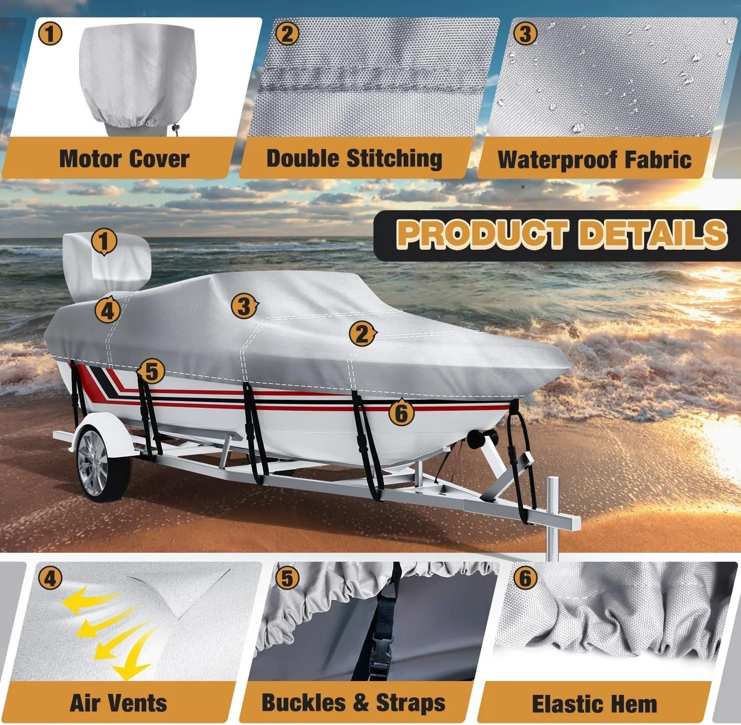 14-16 ft V-Hull Boat Cover with Motor Cover, Waterproof Heavy-Duty Silver-Coated Oxford Fabric Marine Grade Trailerable Bass Boat Cover for Fishing Boat, Beam Width up to 90"