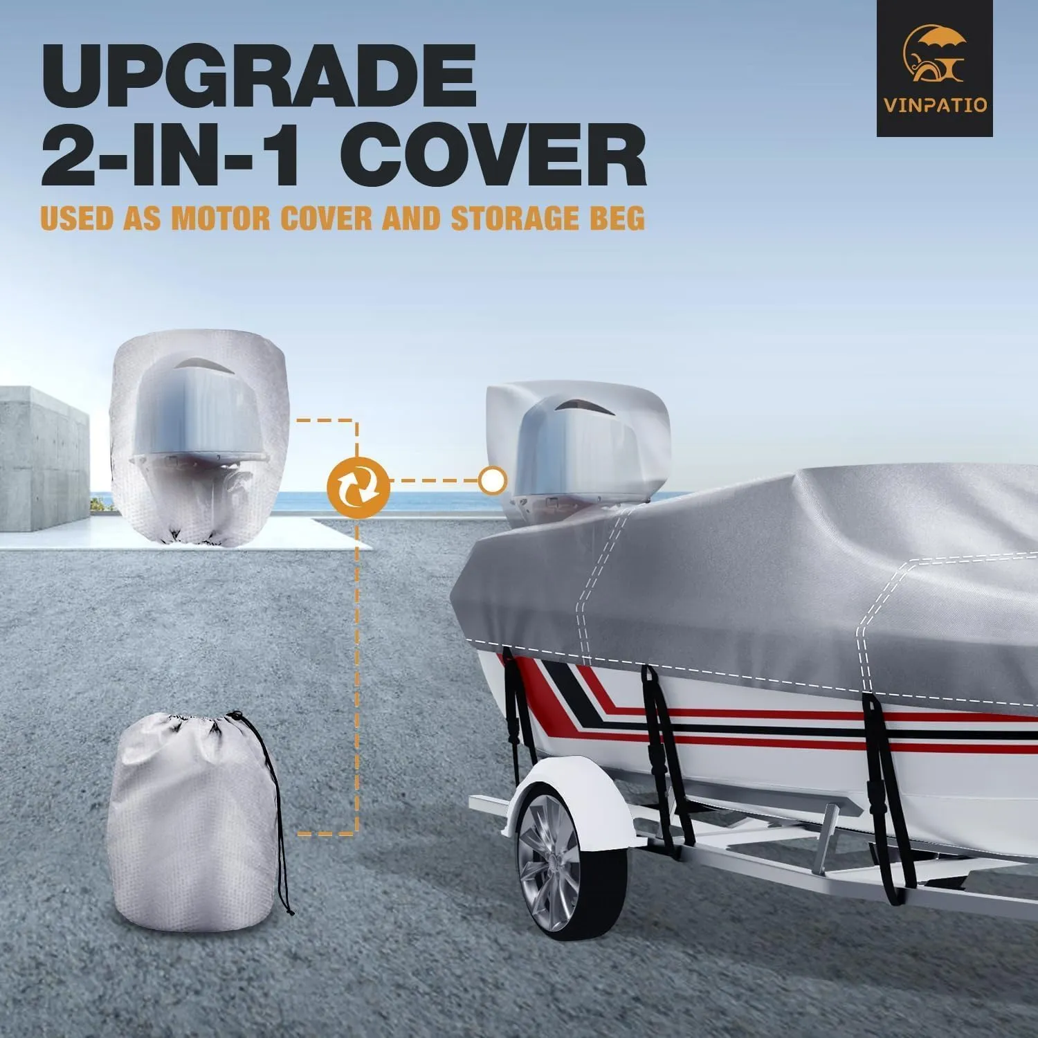 14-16 ft V-Hull Boat Cover with Motor Cover, Waterproof Heavy-Duty Silver-Coated Oxford Fabric Marine Grade Trailerable Bass Boat Cover for Fishing Boat, Beam Width up to 90"