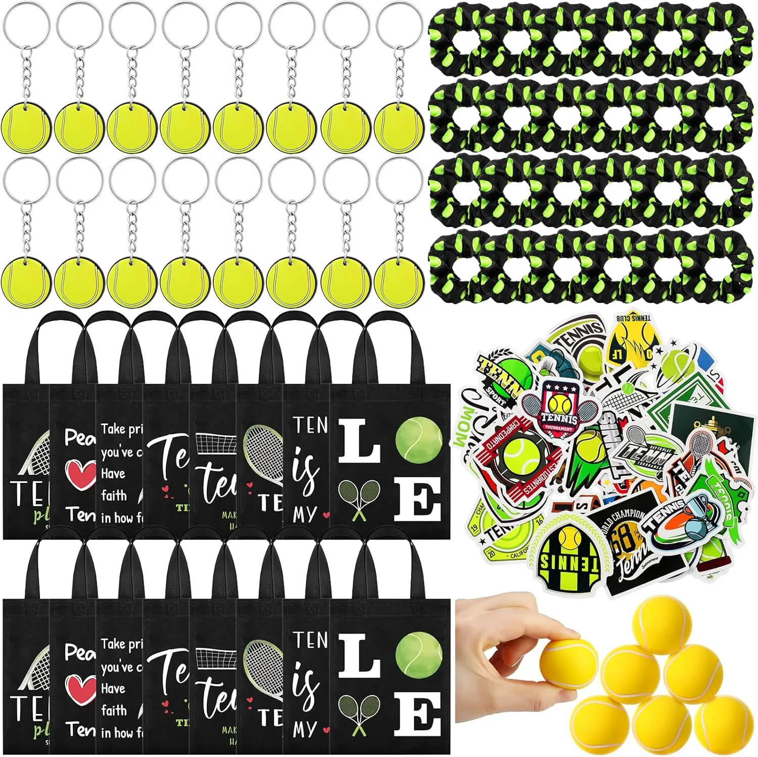 146 Pcs Tennis Party Favors for Teen Girls Bulk 24 Goodie Bags 24 Keychains 50 Stickers 24 Hair Ties 24 Sports Stress Balls for Tennis Players Team Stuff