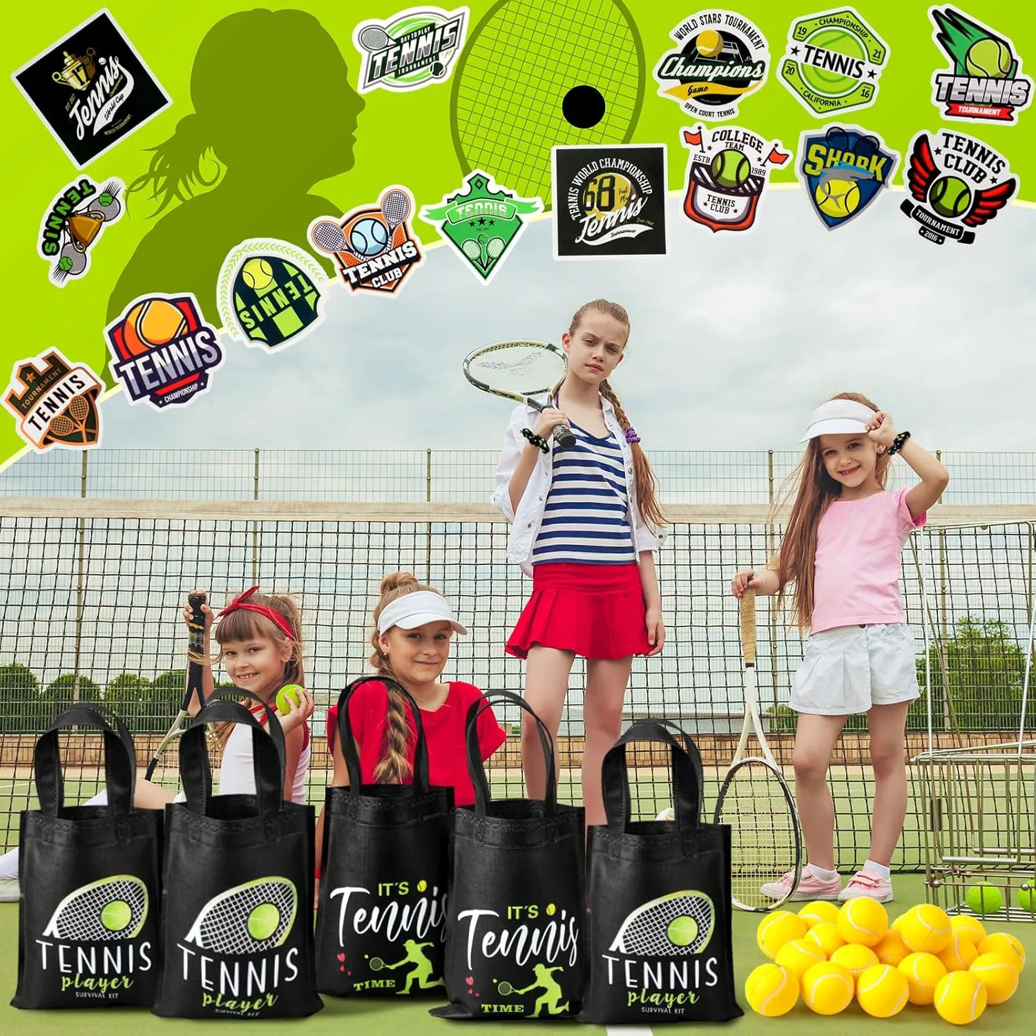 146 Pcs Tennis Party Favors for Teen Girls Bulk 24 Goodie Bags 24 Keychains 50 Stickers 24 Hair Ties 24 Sports Stress Balls for Tennis Players Team Stuff