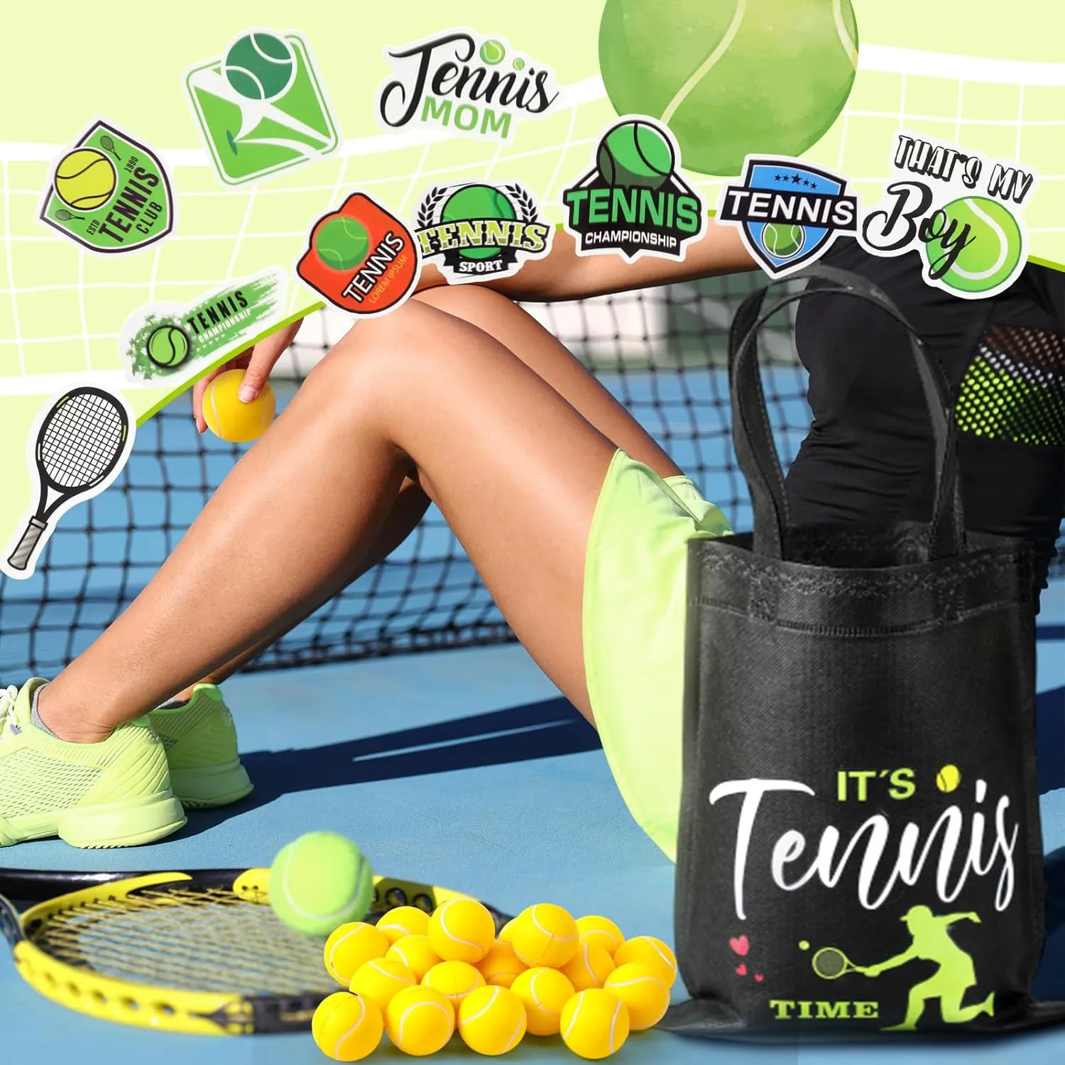 146 Pcs Tennis Party Favors for Teen Girls Bulk 24 Goodie Bags 24 Keychains 50 Stickers 24 Hair Ties 24 Sports Stress Balls for Tennis Players Team Stuff