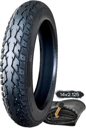 14x2.125 57-254 Tire and Tube Set for Electric Bike 8-Level Design, 14 2.125 Anti Puncture Snow Tire for Ebike with Bent Valve Inner Tube, Neumático Camara 14x2.125 Off-road All-Terrain Tread