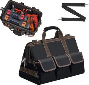 17-Inch Heavy Duty Tool Bag，16-Pocket Portable Tool Organizer Tote with Large Zipper，Adjustable Shoulder Strap，Ideal for Mechanics, HVAC ，Engineers – Great Gift for Men, Dad, Technicians(Black)