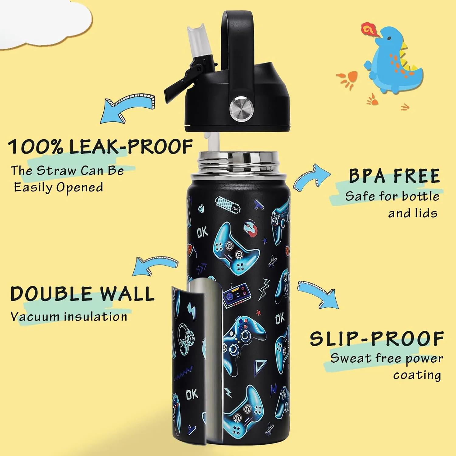 18oz Kids Insulated Water Bottle with Straw Lid - 18/8 Stainless Steel Kid Cup BPA-FREE Travel Tumbler Double Wall Vacuum Leak Proof Portable Toddler Water Bottle (Game)