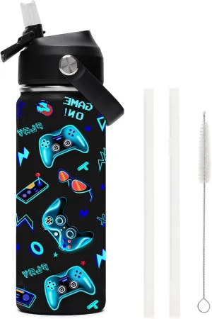 18oz Kids Insulated Water Bottle with Straw Lid - 18/8 Stainless Steel Kid Cup BPA-FREE Travel Tumbler Double Wall Vacuum Leak Proof Portable Toddler Water Bottle (Game)