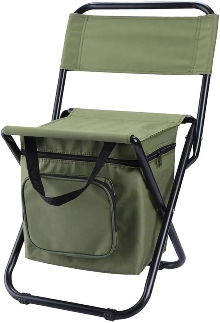 1Pc Folding Fishing Chair with Backrest Portable Camping Chair with Insulated Cooler Bag Storage Pouch Heavy Duty Frame for Outdoor Activities