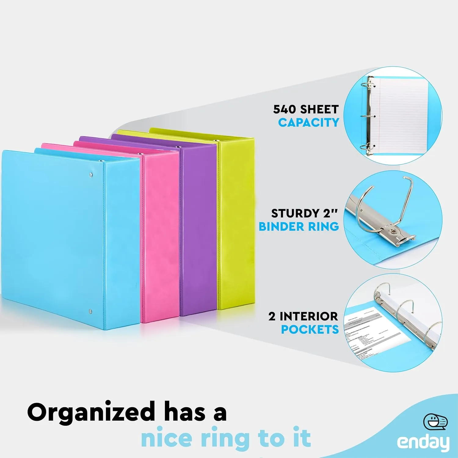 2 Inch Binder 3 Ring Binders, Slant D-Ring 2” Clear View Cover with 2 Inside Pockets, Heavy Duty Colored School Supplies Office and Home Binders Pink, Blue, Purple, Green (4 Pack) – by Enday