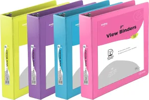 2 Inch Binder 3 Ring Binders, Slant D-Ring 2” Clear View Cover with 2 Inside Pockets, Heavy Duty Colored School Supplies Office and Home Binders Pink, Blue, Purple, Green (4 Pack) – by Enday
