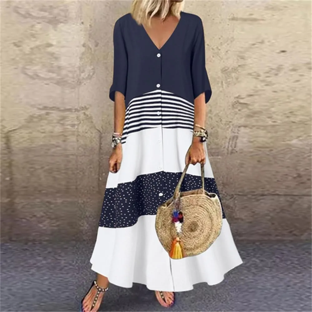 2024 Women’s Summer Loose Fit Maxi Dress V Neck Half Sleeve Striped Print Long Dresses with Buttons