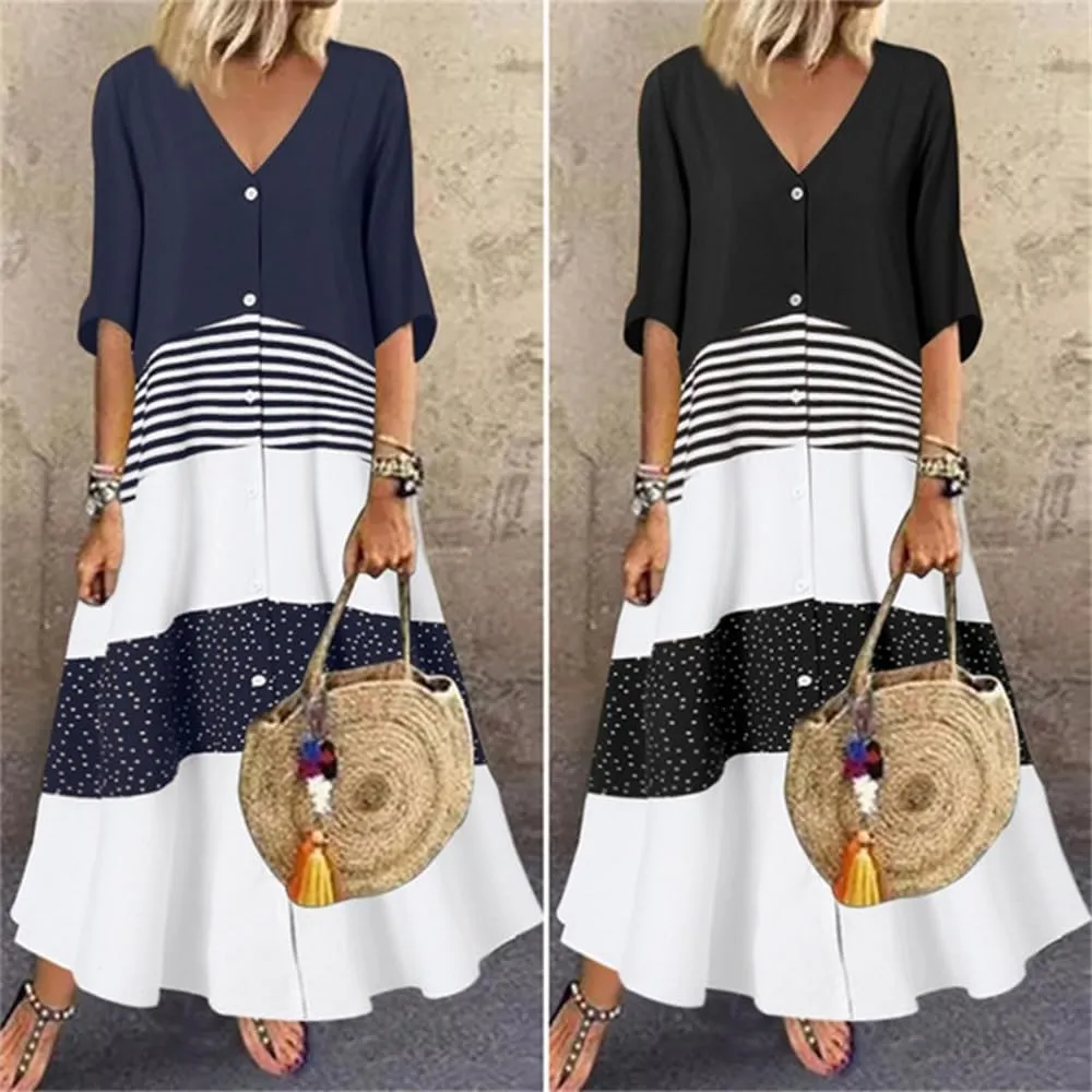 2024 Women’s Summer Loose Fit Maxi Dress V Neck Half Sleeve Striped Print Long Dresses with Buttons