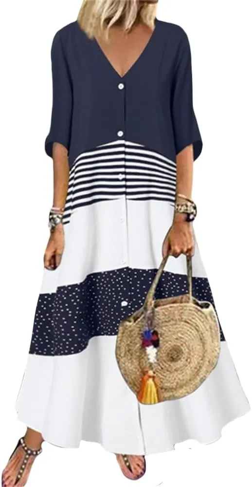2024 Women’s Summer Loose Fit Maxi Dress V Neck Half Sleeve Striped Print Long Dresses with Buttons