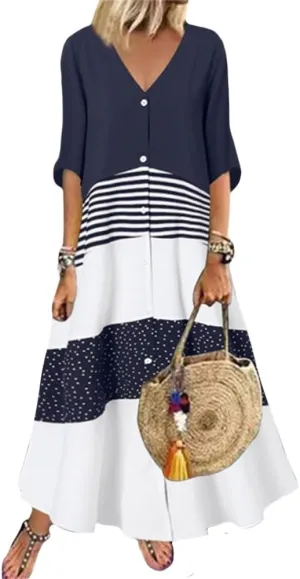 2024 Women’s Summer Loose Fit Maxi Dress V Neck Half Sleeve Striped Print Long Dresses with Buttons