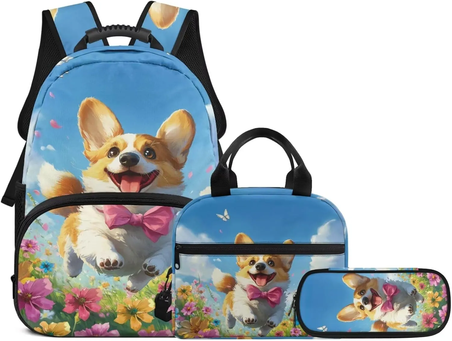 3 Pack Kids Backpack for Boys Girls Cute Corgi School Backpack Book Bag and Lunch Bag Pencil Case Bag 3 Pieces Set Kindergarten Elementary School Bag