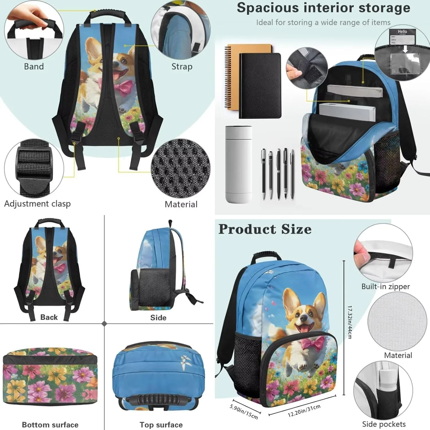 3 Pack Kids Backpack for Boys Girls Cute Corgi School Backpack Book Bag and Lunch Bag Pencil Case Bag 3 Pieces Set Kindergarten Elementary School Bag