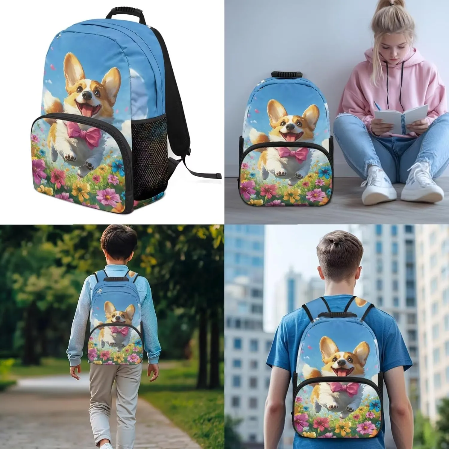 3 Pack Kids Backpack for Boys Girls Cute Corgi School Backpack Book Bag and Lunch Bag Pencil Case Bag 3 Pieces Set Kindergarten Elementary School Bag
