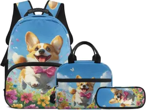 3 Pack Kids Backpack for Boys Girls Cute Corgi School Backpack Book Bag and Lunch Bag Pencil Case Bag 3 Pieces Set Kindergarten Elementary School Bag