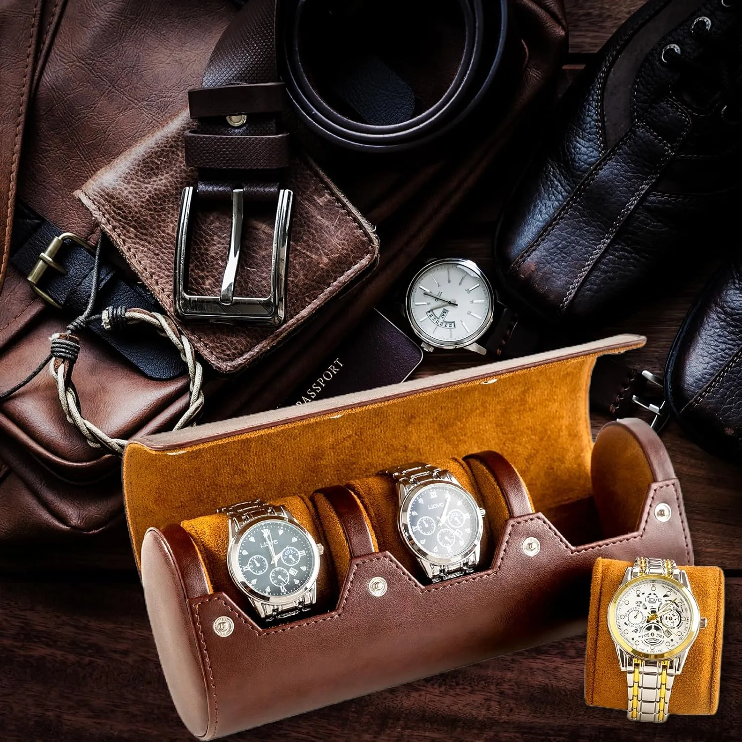 3 Watch Travel Case - Classic Leather Watch Case with Perfect Texture. Watch Carrying Case or Organizer for Storage and Display. Ideal Gift for Men Traveling, All Handmade by Artisans