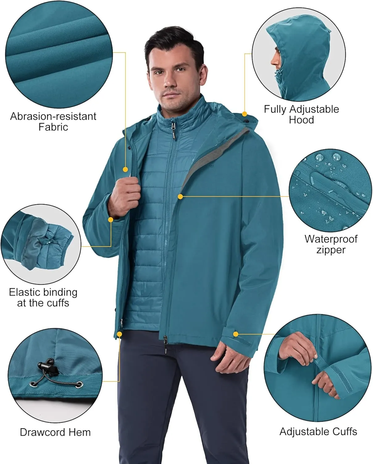 33,000ft Men's Waterproof 3-in-1 Ski Jacket, Warm Mountain Windbreaker Snow Rain Jackets Winter Coat with Puffer Jacket