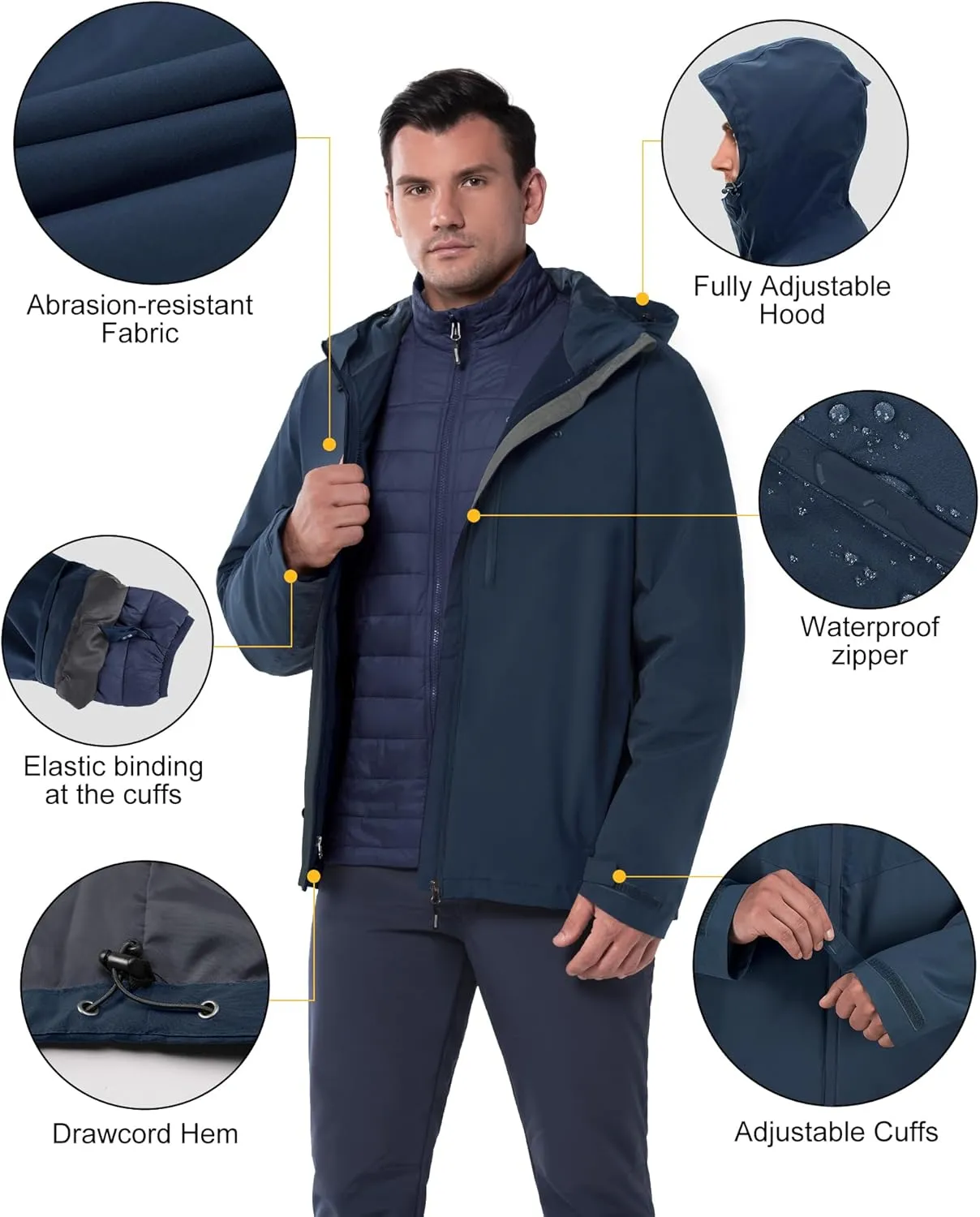 33,000ft Men's Waterproof 3-in-1 Ski Jacket, Warm Mountain Windbreaker Snow Rain Jackets Winter Coat with Puffer Jacket