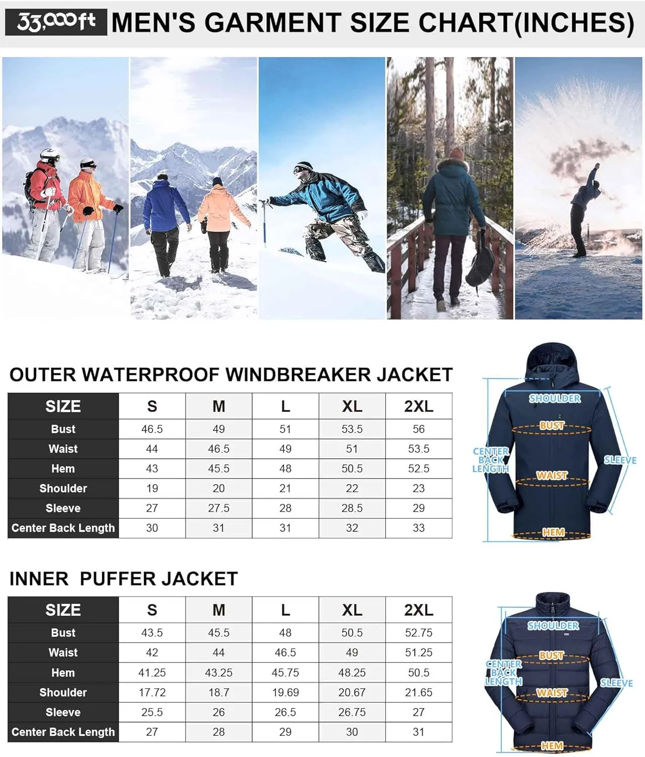 33,000ft Men's Waterproof 3-in-1 Ski Jacket, Warm Mountain Windbreaker Snow Rain Jackets Winter Coat with Puffer Jacket
