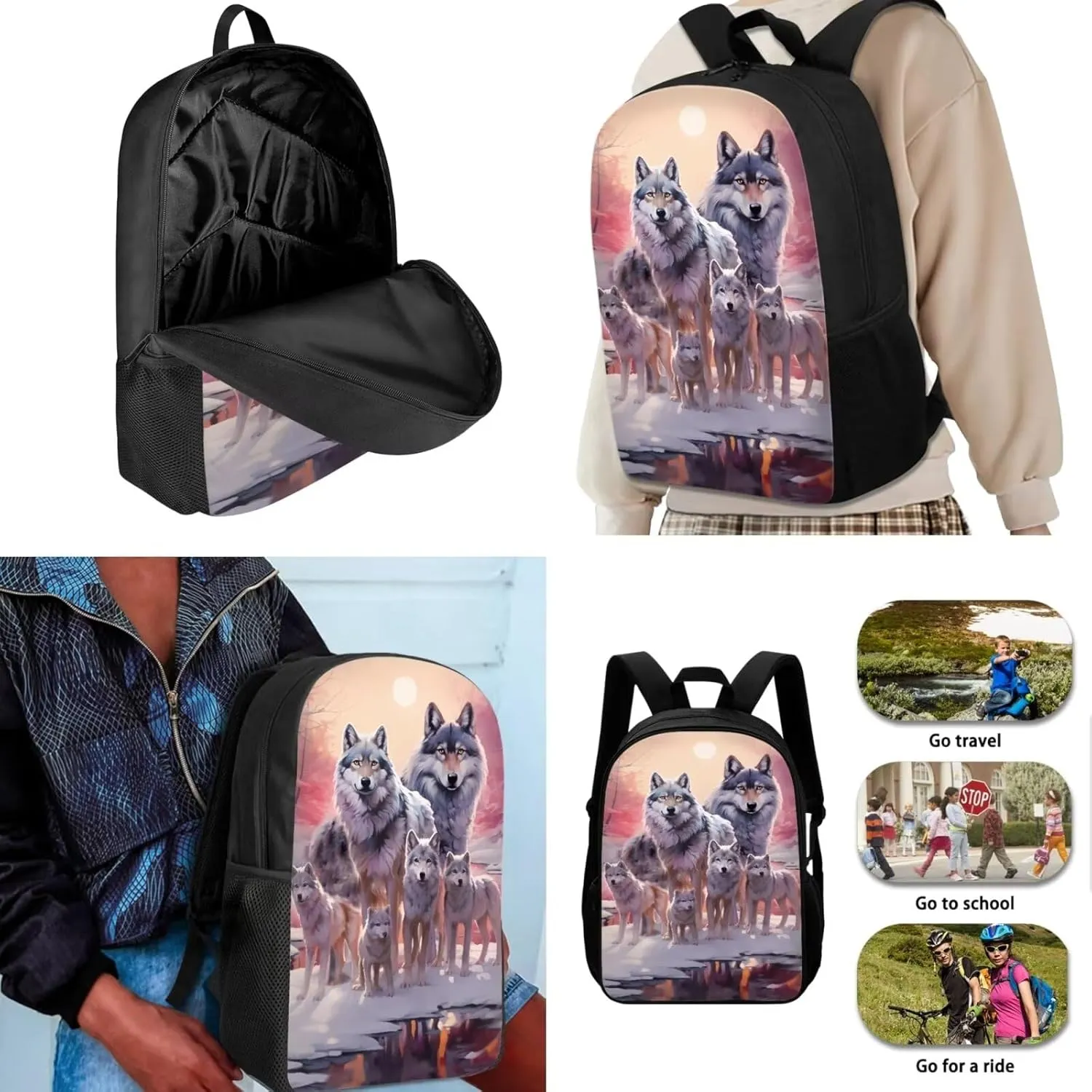 3D Wolf Kids Girls School Backpack Set, Lightweight Book Bag for Boys Girls, Kids Backpack for Elementary Middle High School, Back to School Supplies, Pink