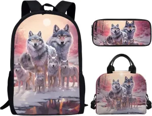 3D Wolf Kids Girls School Backpack Set, Lightweight Book Bag for Boys Girls, Kids Backpack for Elementary Middle High School, Back to School Supplies, Pink