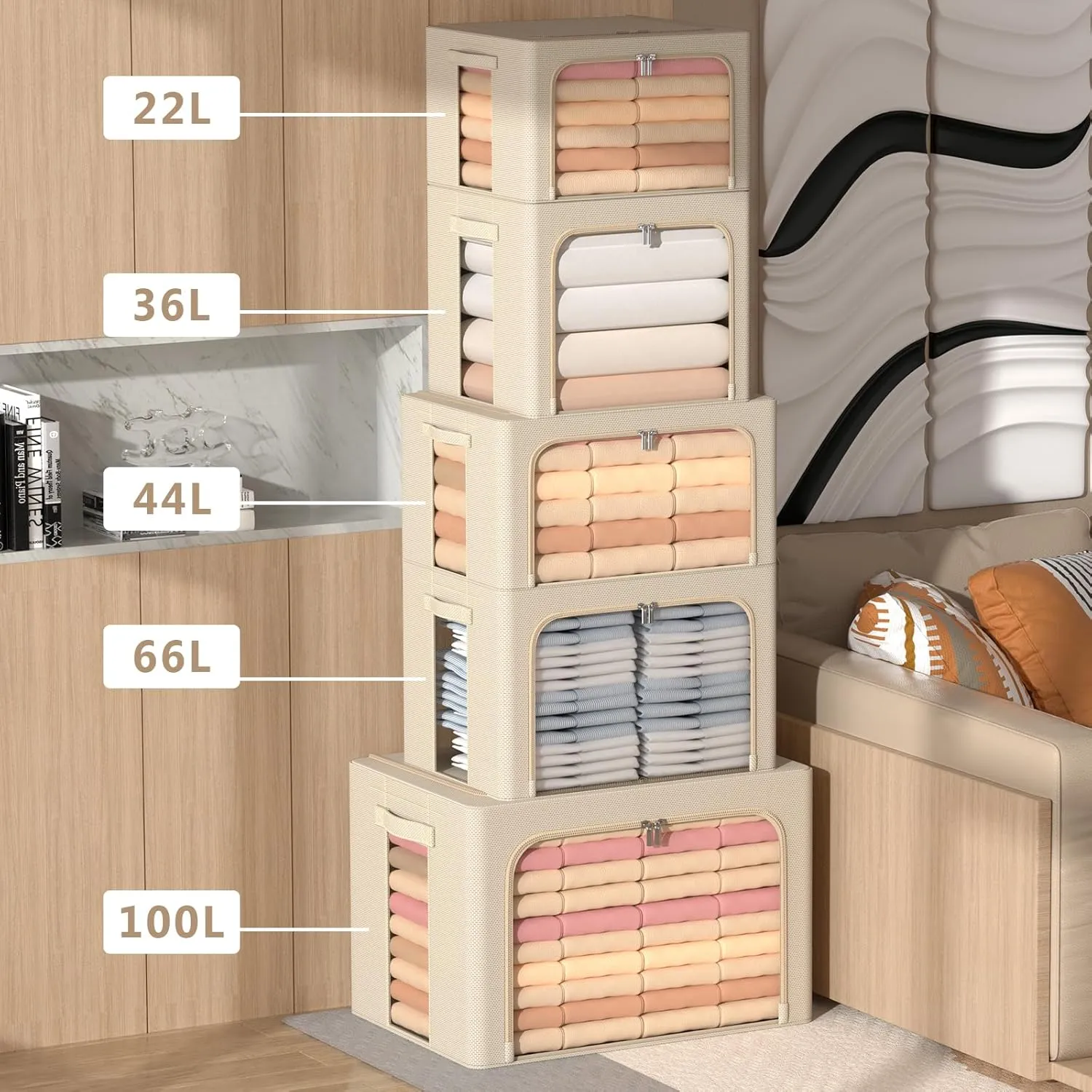 3Pack Frame Storage Box - Clothes Storage Bin Bags Oxford Fabric Foldable Stackable Container Organizer Set with Clear Window & Carry Handles Large Capacity (Beige, Small-22L)