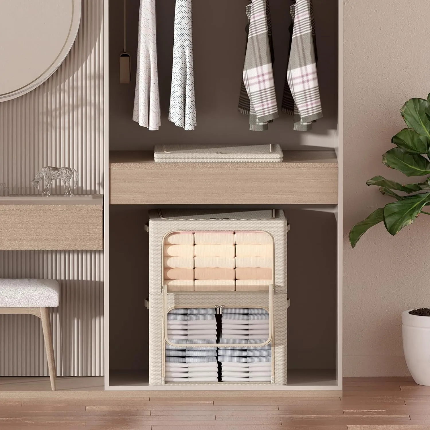 3Pack Frame Storage Box - Clothes Storage Bin Bags Oxford Fabric Foldable Stackable Container Organizer Set with Clear Window & Carry Handles Large Capacity (Beige, Small-22L)