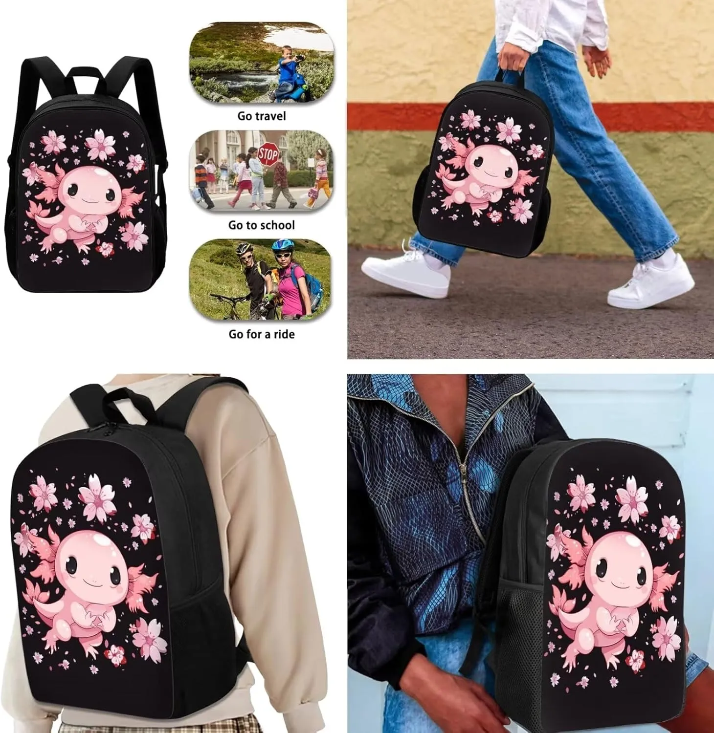 3PCS Axolotl School Backpack Set for Girls 8-10, Cute Cartoon 17 Inch Bookbag with Lunch Box Pencil Case, Kids Elementary School Middle School Backpack, Black and Pink