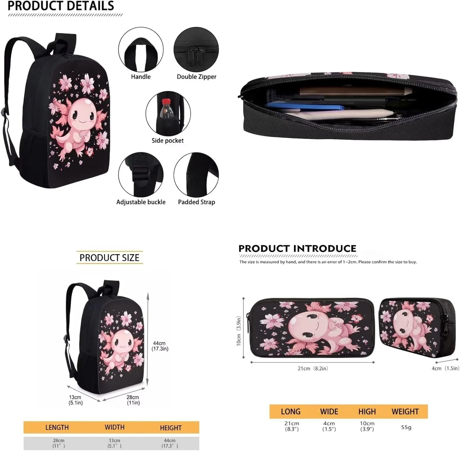 3PCS Axolotl School Backpack Set for Girls 8-10, Cute Cartoon 17 Inch Bookbag with Lunch Box Pencil Case, Kids Elementary School Middle School Backpack, Black and Pink