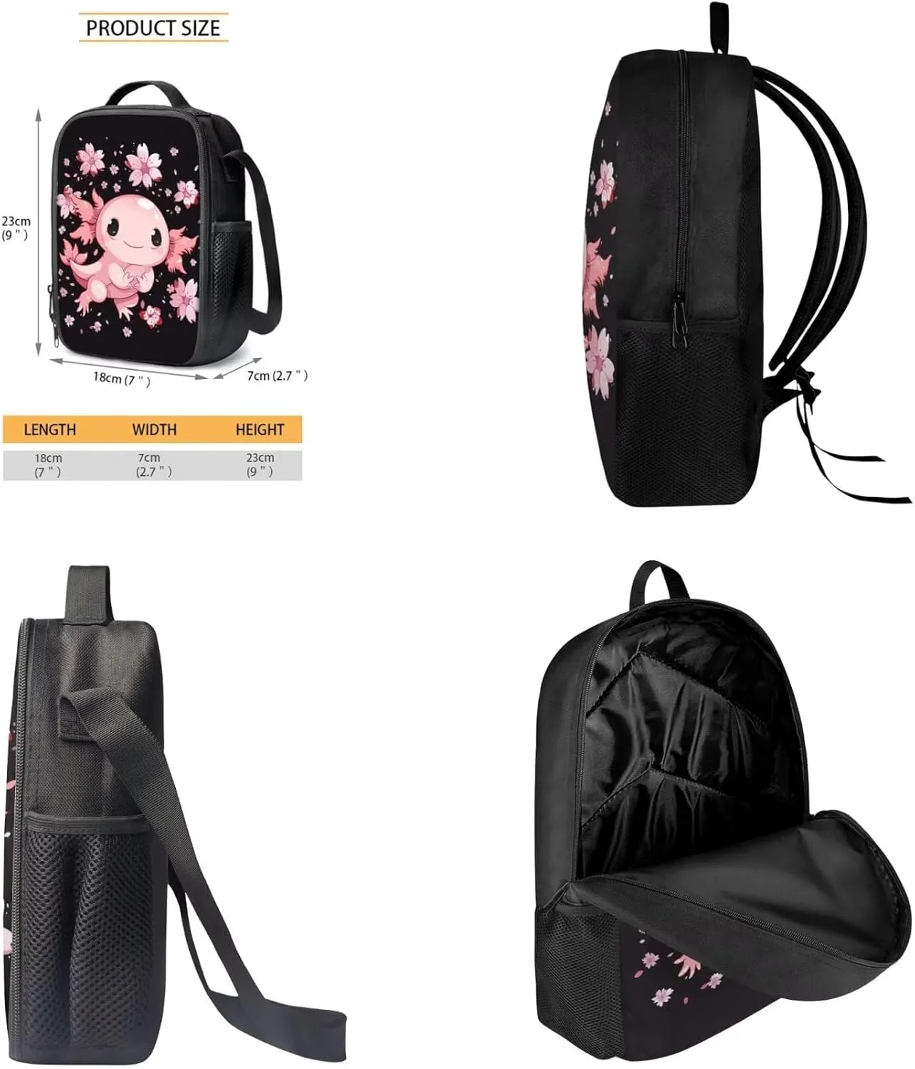 3PCS Axolotl School Backpack Set for Girls 8-10, Cute Cartoon 17 Inch Bookbag with Lunch Box Pencil Case, Kids Elementary School Middle School Backpack, Black and Pink