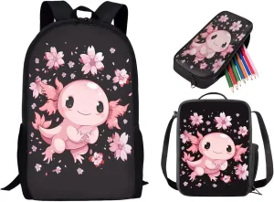 3PCS Axolotl School Backpack Set for Girls 8-10, Cute Cartoon 17 Inch Bookbag with Lunch Box Pencil Case, Kids Elementary School Middle School Backpack, Black and Pink