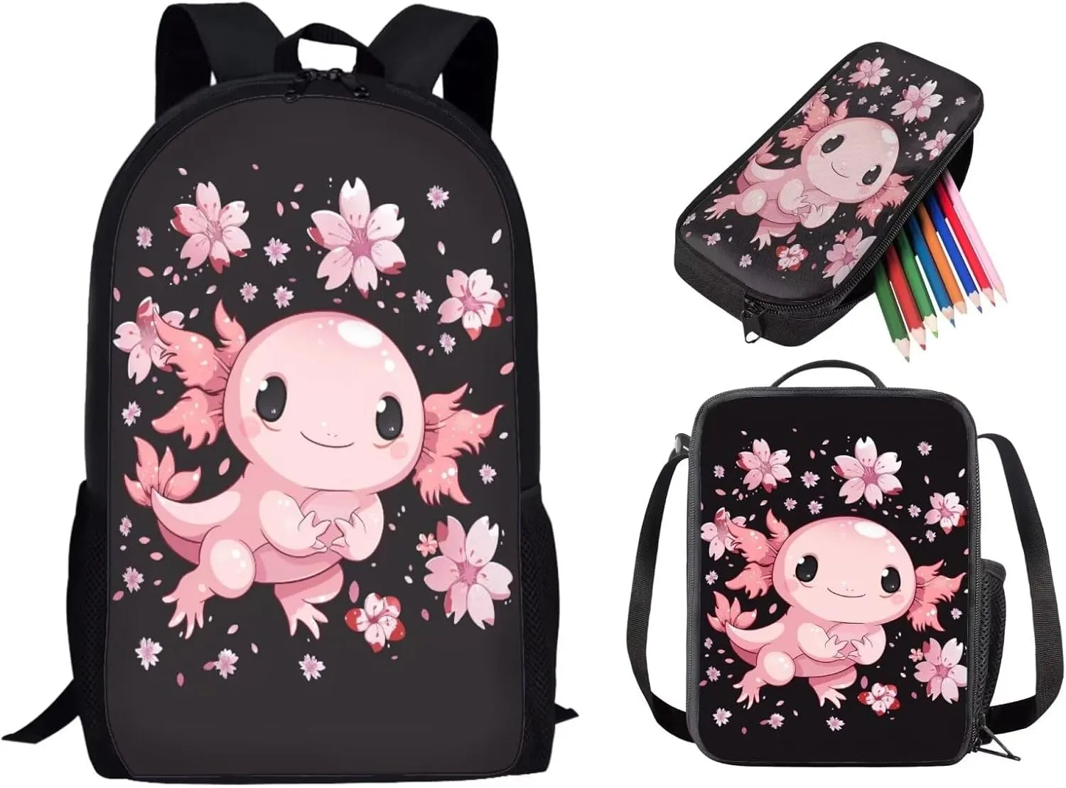 3PCS Axolotl School Backpack Set for Girls 8-10, Cute Cartoon 17 Inch Bookbag with Lunch Box Pencil Case, Kids Elementary School Middle School Backpack, Black and Pink