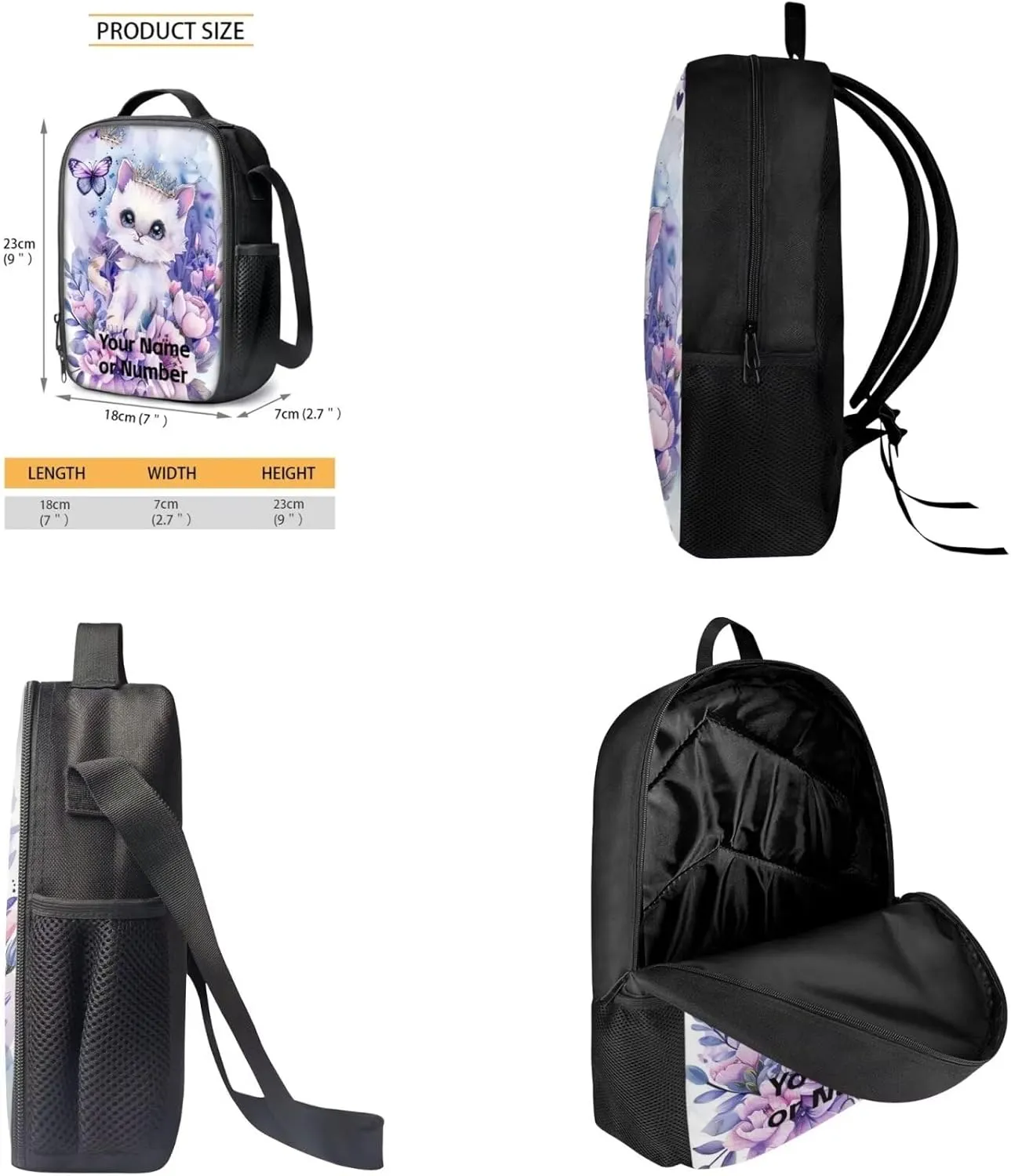 3PCS Cat Girls Backpack Set for School, Custom Kids Backpack for Girls with Lunch Box Pencil Case Set for Teen Girls Elementary Primary Middle High School Bookbag, Purple