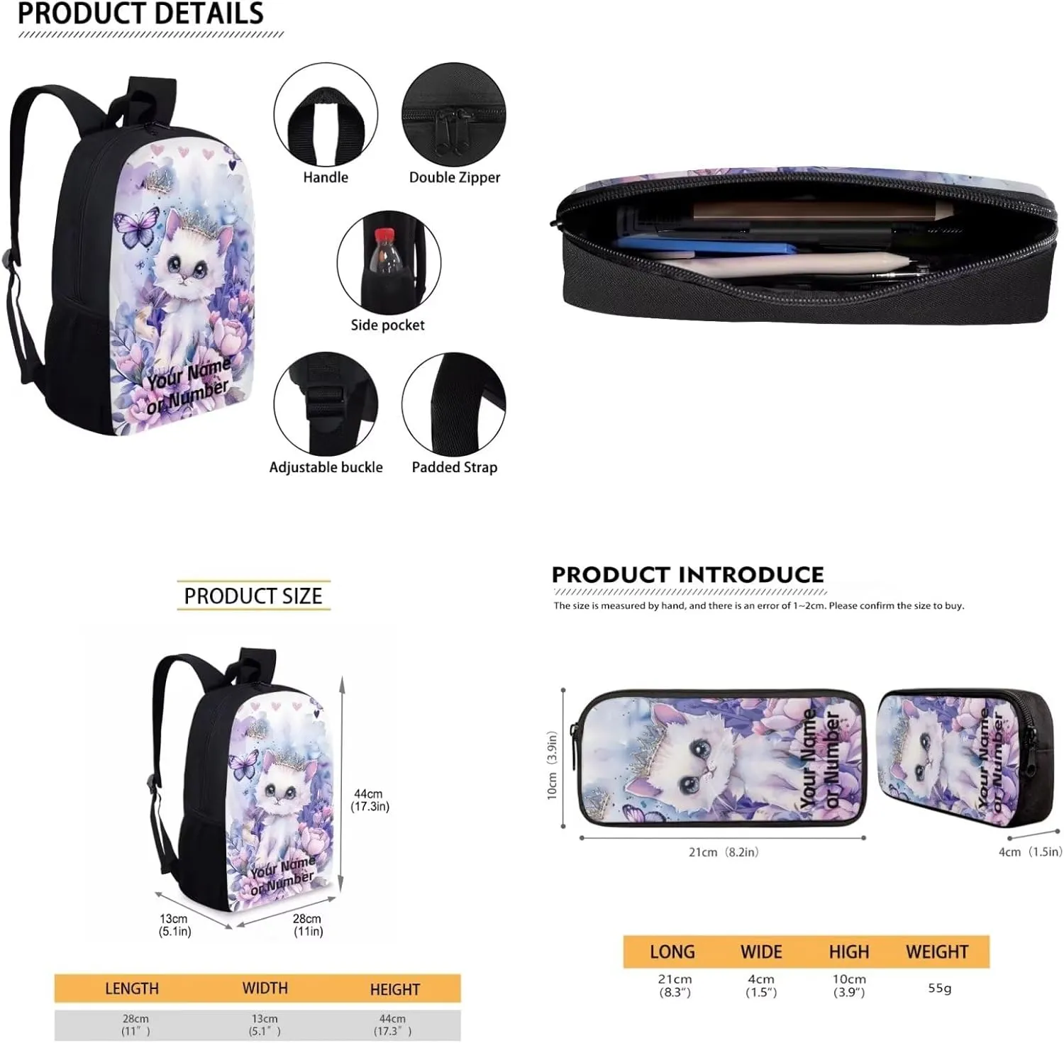 3PCS Cat Girls Backpack Set for School, Custom Kids Backpack for Girls with Lunch Box Pencil Case Set for Teen Girls Elementary Primary Middle High School Bookbag, Purple