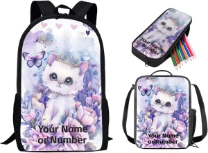 3PCS Cat Girls Backpack Set for School, Custom Kids Backpack for Girls with Lunch Box Pencil Case Set for Teen Girls Elementary Primary Middle High School Bookbag, Purple