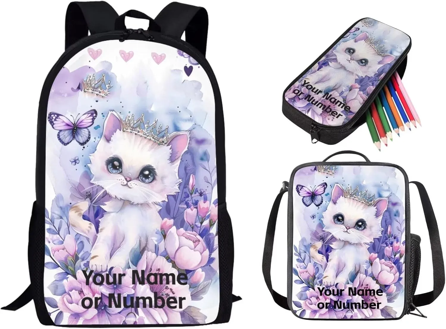 3PCS Cat Girls Backpack Set for School, Custom Kids Backpack for Girls with Lunch Box Pencil Case Set for Teen Girls Elementary Primary Middle High School Bookbag, Purple