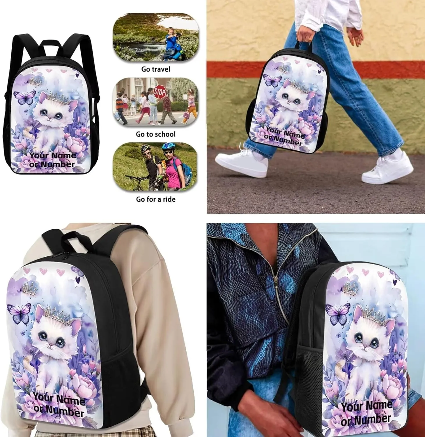 3PCS Cat Girls Backpack Set for School, Custom Kids Backpack for Girls with Lunch Box Pencil Case Set for Teen Girls Elementary Primary Middle High School Bookbag, Purple